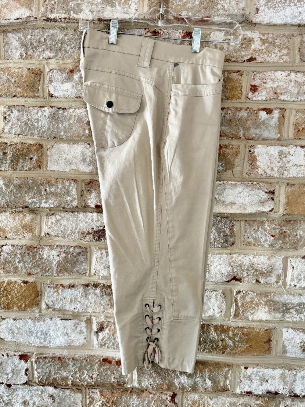 Vintage NewMan France Lace Up Capri Pants Beige Khaki Utility Y2K Crop Cargo